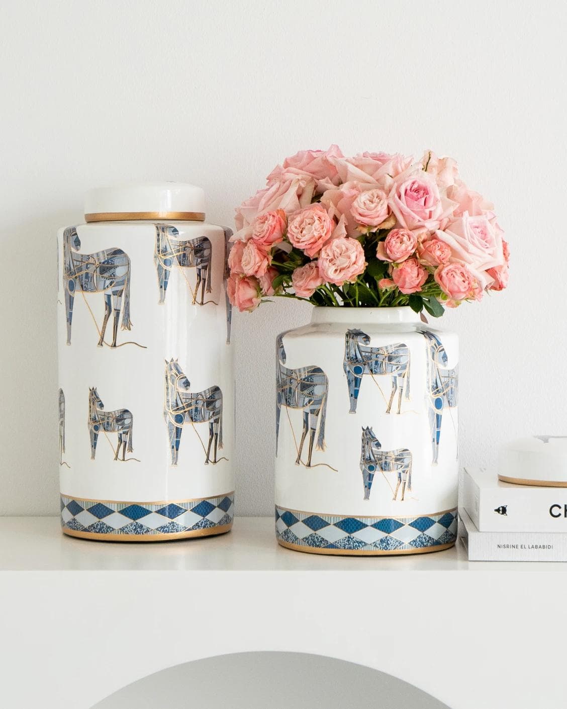 Eloisa Bundle canisters in white and blue, shown in a lifestyle front view as image 4