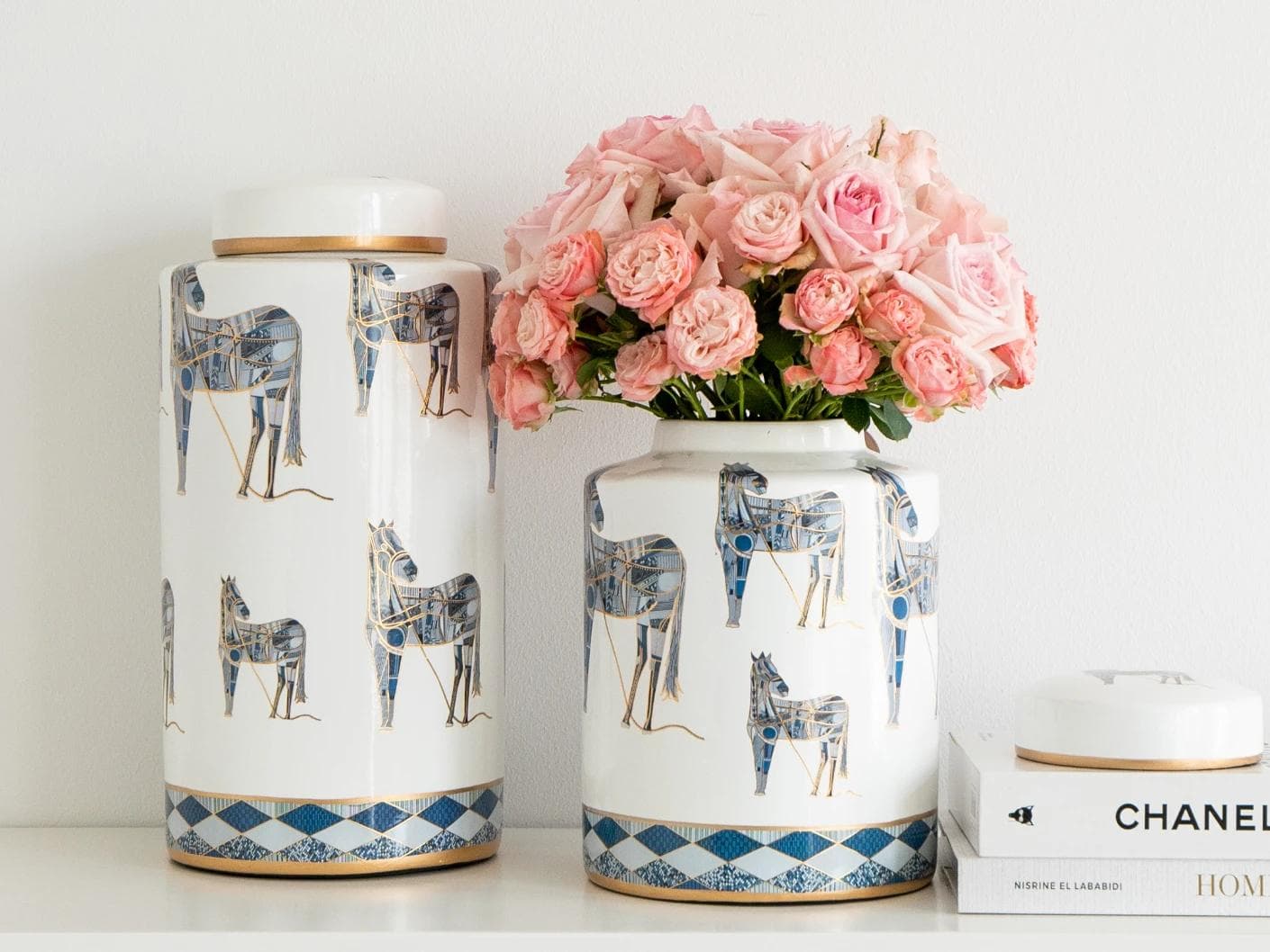 Eloisa Bundle canisters in white and blue, shown in a lifestyle front view as image 4