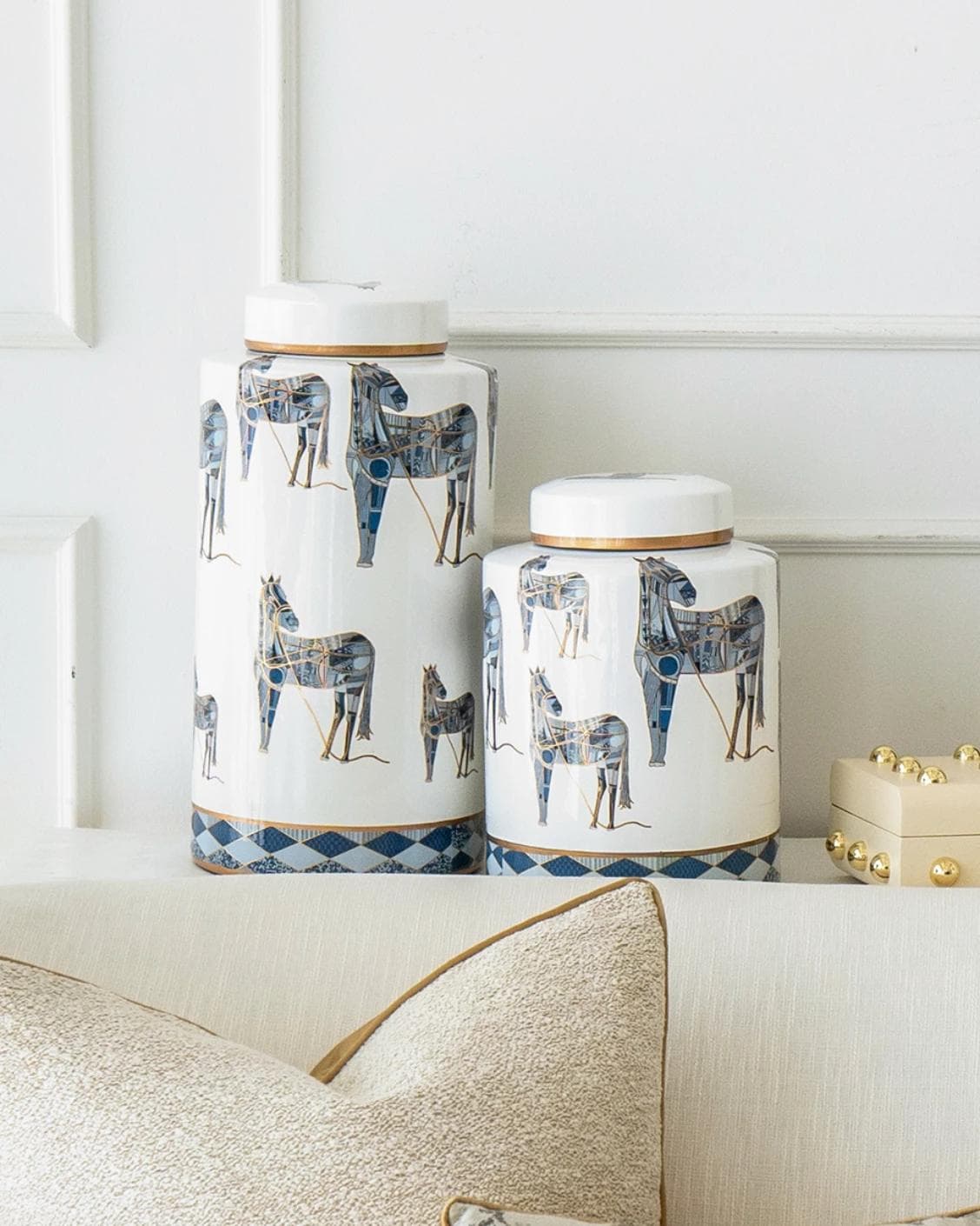 Eloisa Bundle canisters in white and blue, shown in a lifestyle front view as image 6