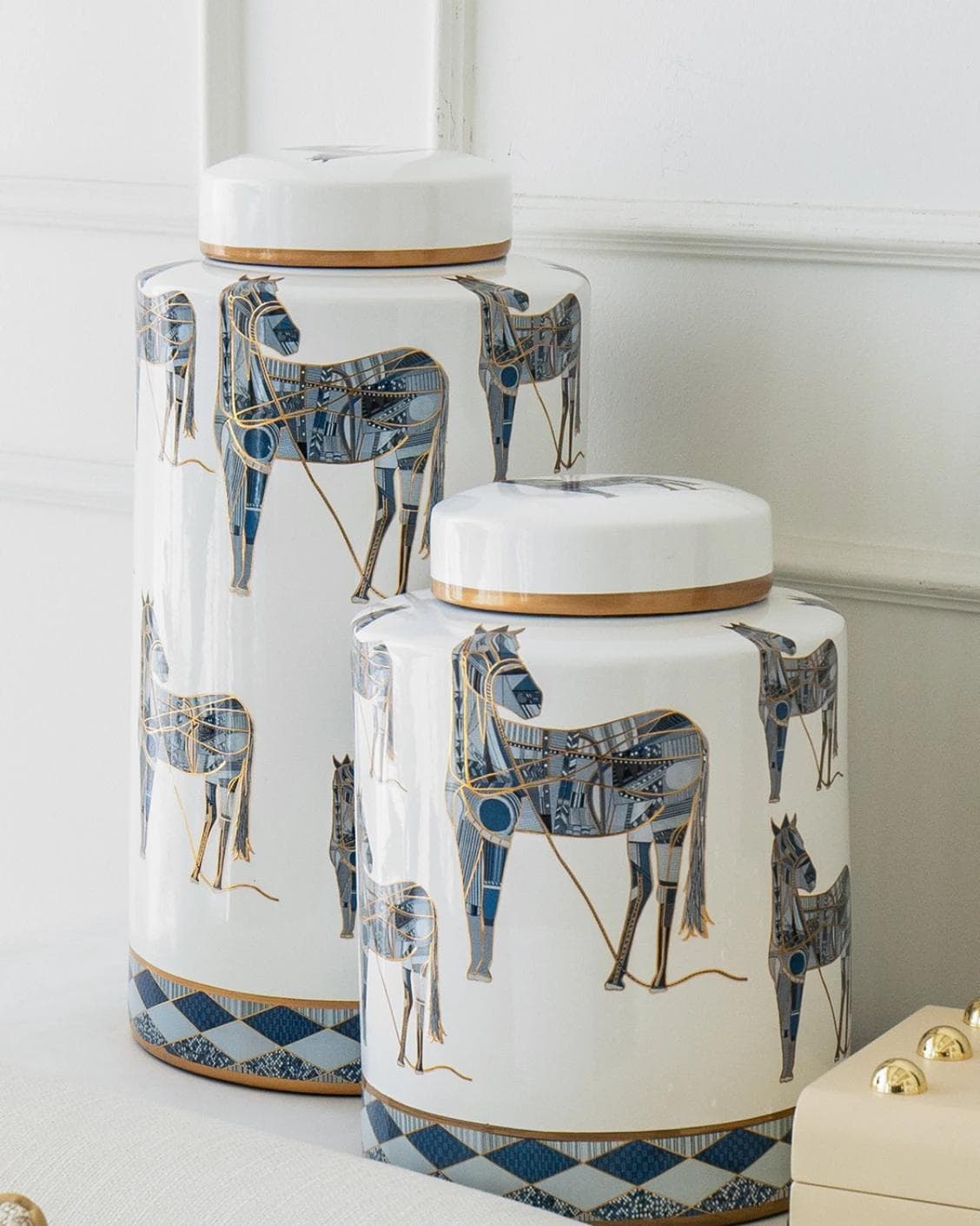 Eloisa Bundle canisters in white and blue, shown in a lifestyle right view as image 7