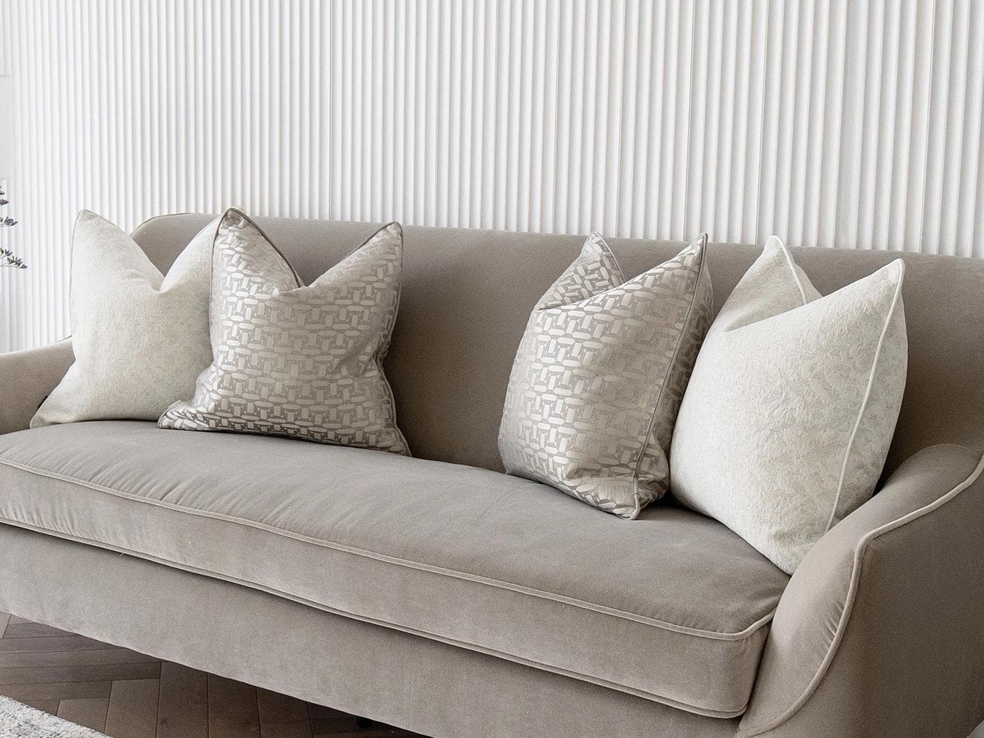 Nadia Bundle cushion in white, beige and silver, shown in a lifestyle right view as image 2