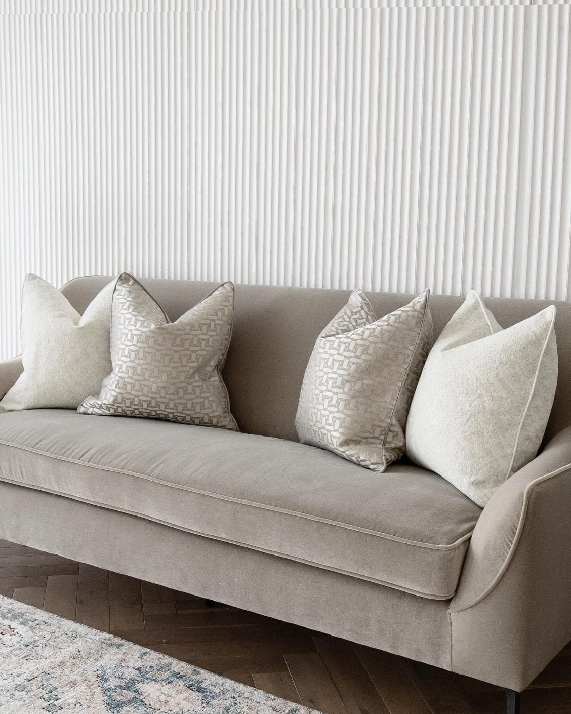 Nadia Bundle cushion in white, beige and silver, shown in a lifestyle right view as image 2