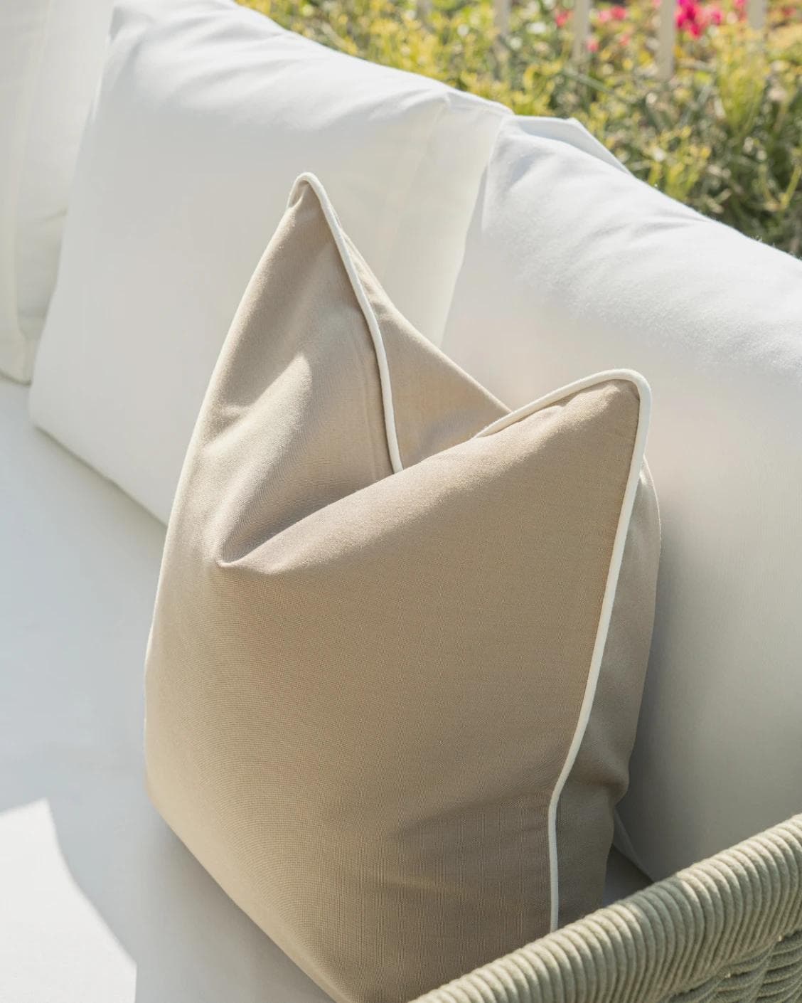 Aelia Mocha cushion in beige, shown in a lifestyle right view as image 5