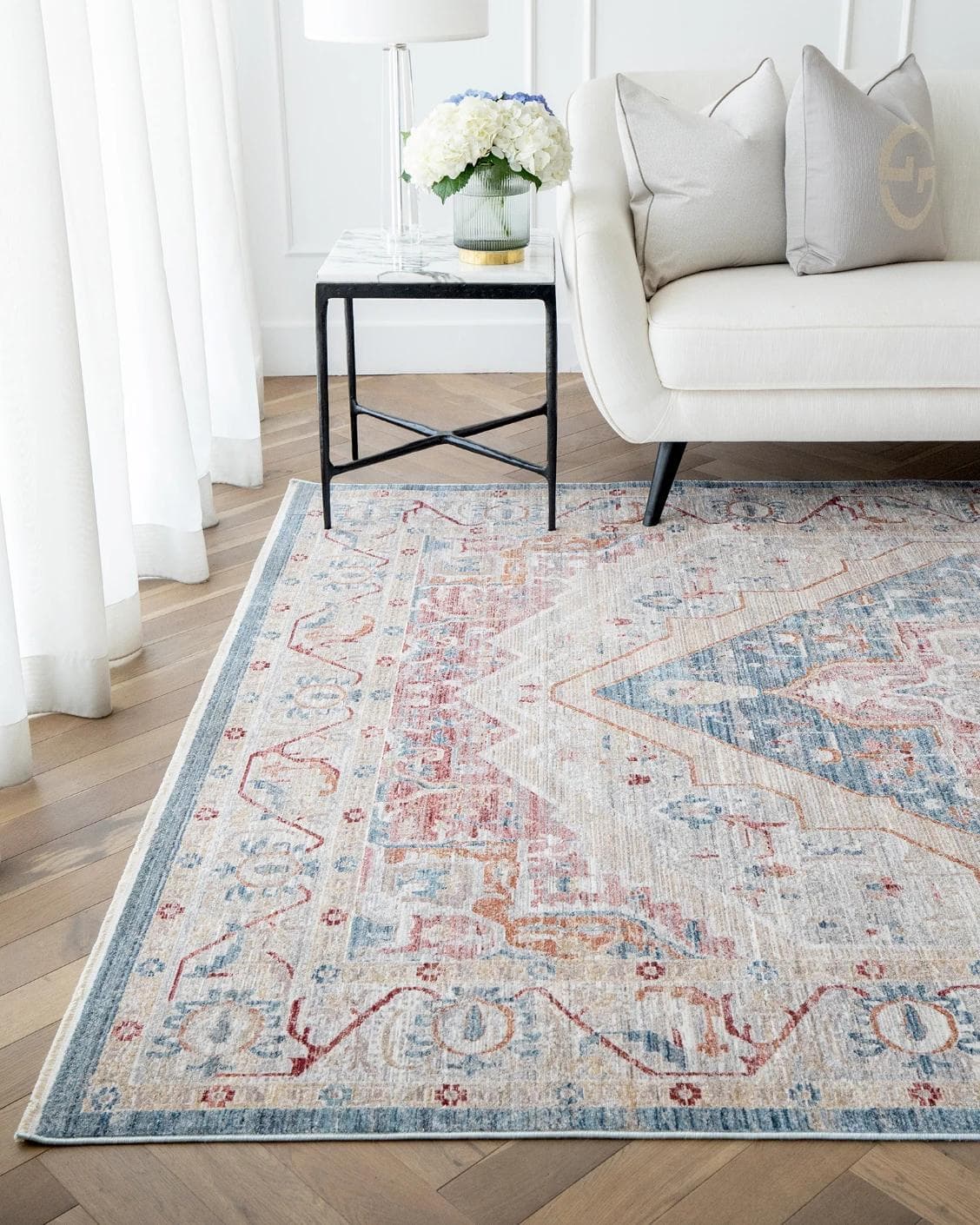 Alexander Rouge Runners carpet in beige, blue and red, shown in a lifestyle front view as image 4