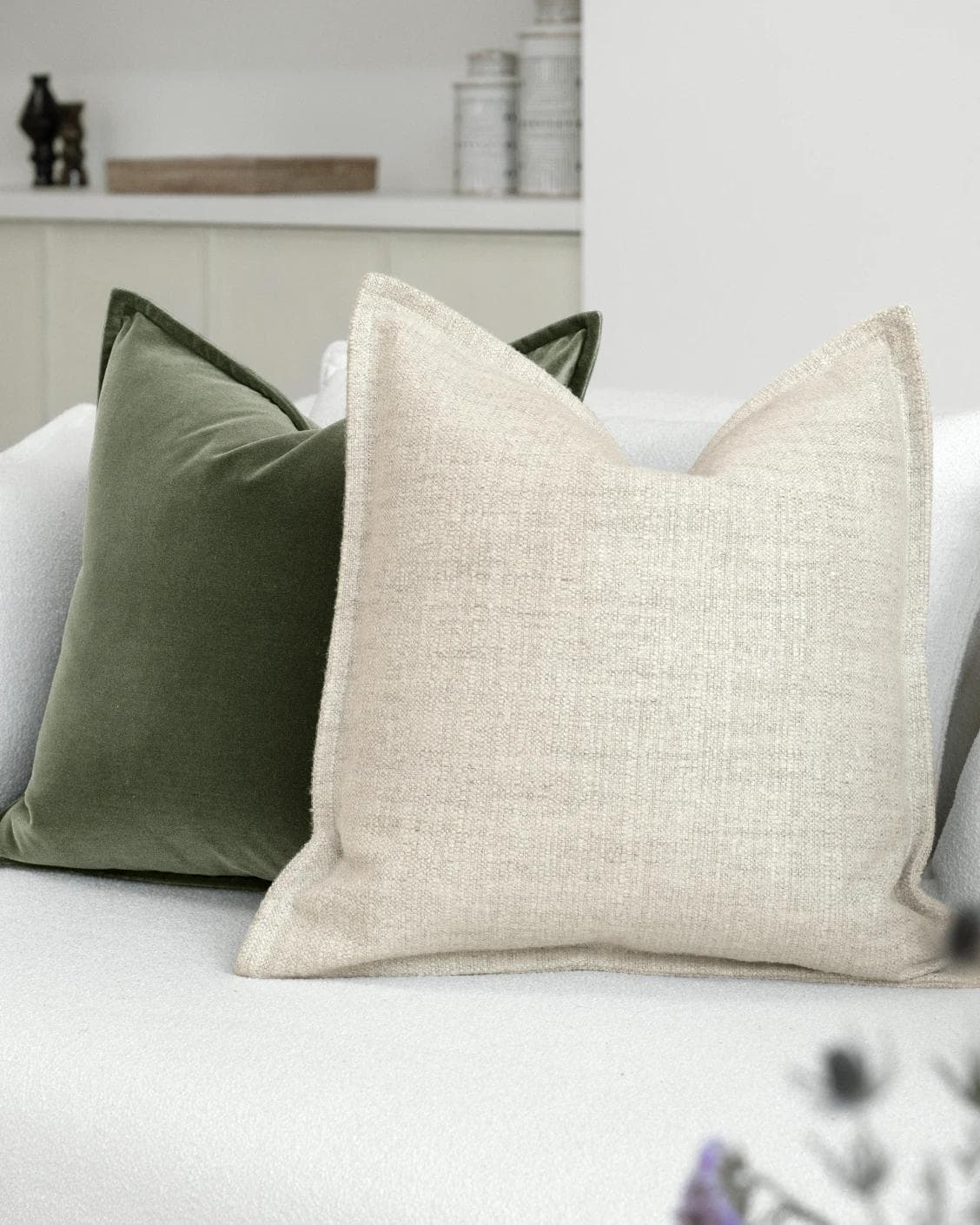 Aliva Bundle cushion in ivory, green and off white, shown in a lifestyle right view as image 8