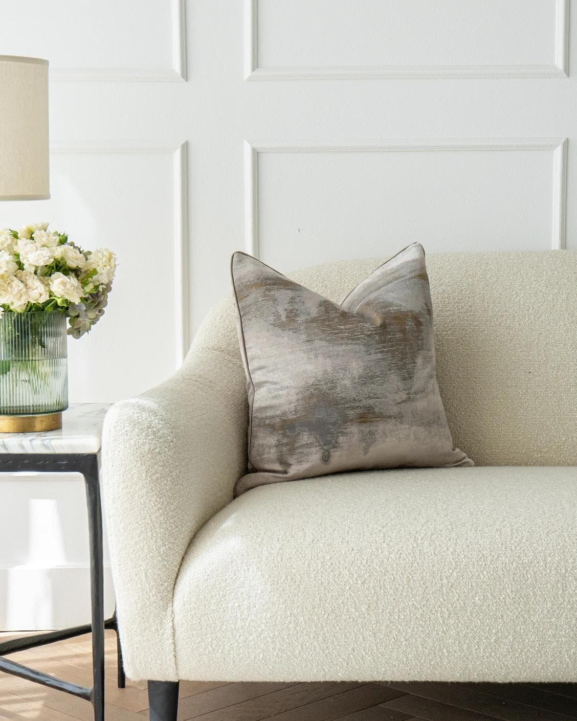 Alma Klimt cushion in yellow and silver, shown in a lifestyle front view as image 4