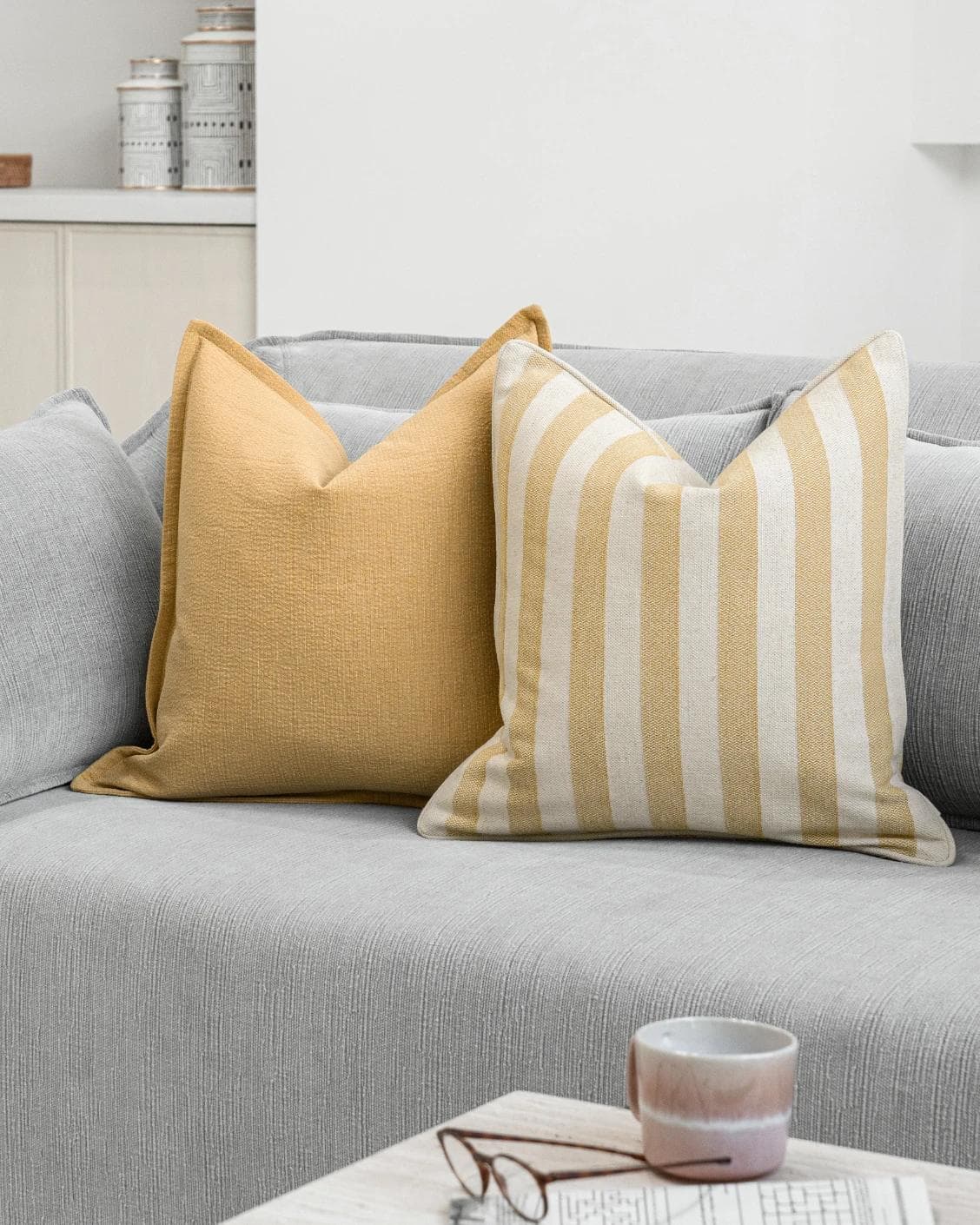 Ansh Bundle cushion in yellow and white, shown in a lifestyle right view as image 7