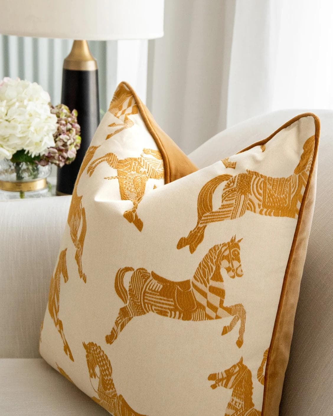 Aurora Klimt cushion in orange and beige, shown in a lifestyle right view as image 6
