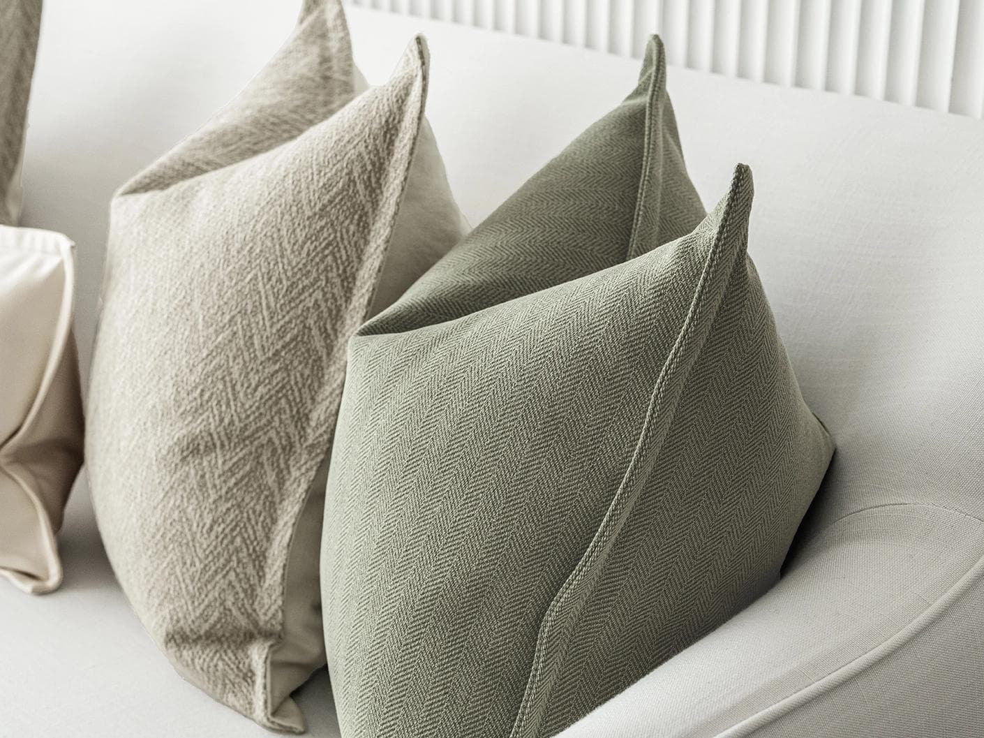 Cali Bundle cushion in white, beige and green, shown in a product right view as image 8