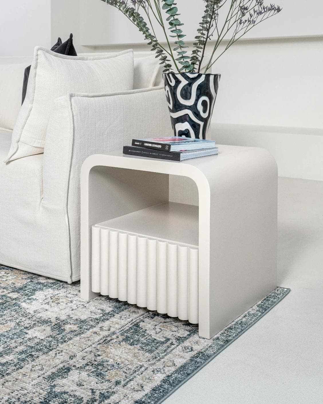 Celia nightstand in soft ivory and stone, shown in a lifestyle right view as image 6