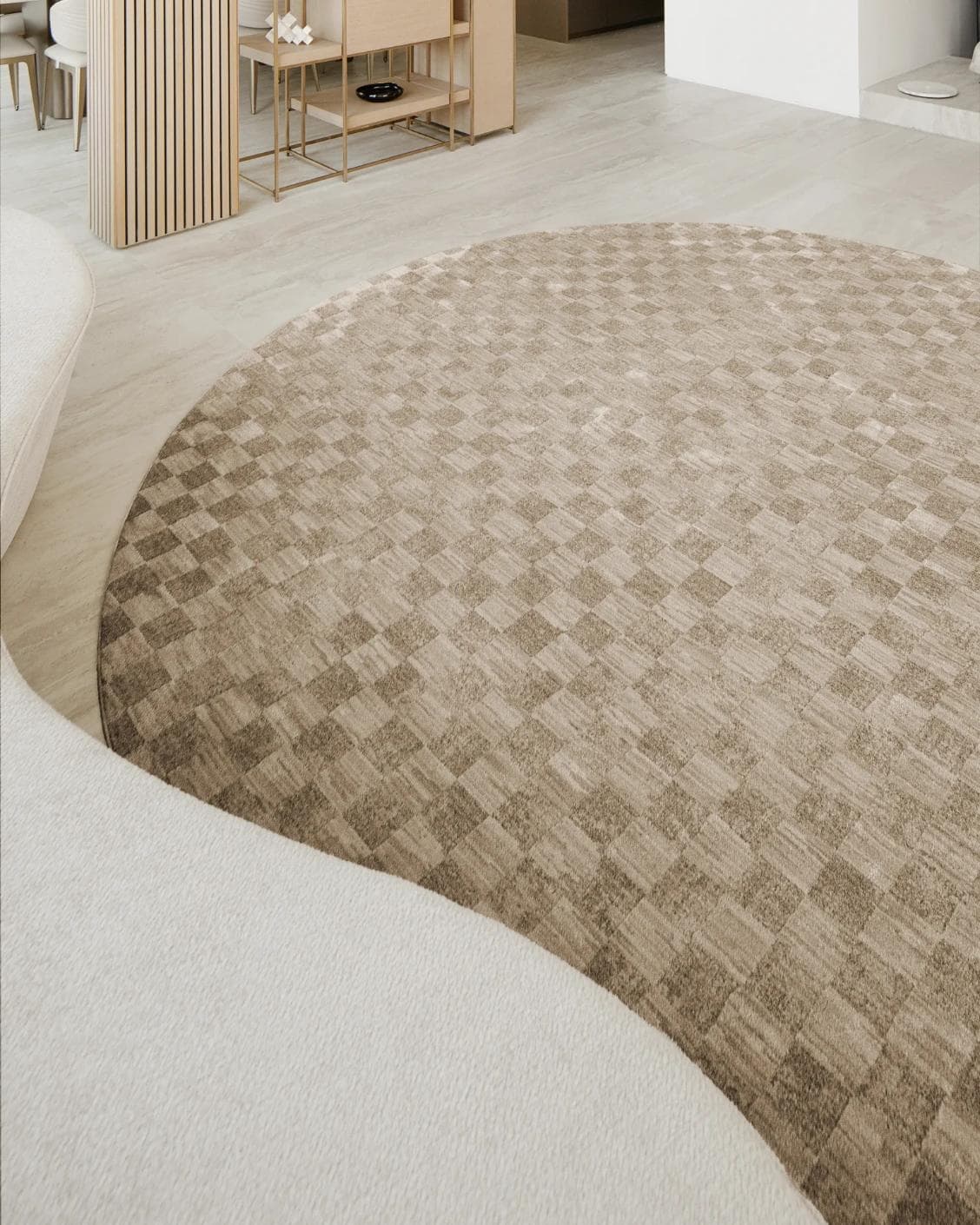 Cindy Dune Round carpet in taupe and beige, shown in a lifestyle left view as image 6
