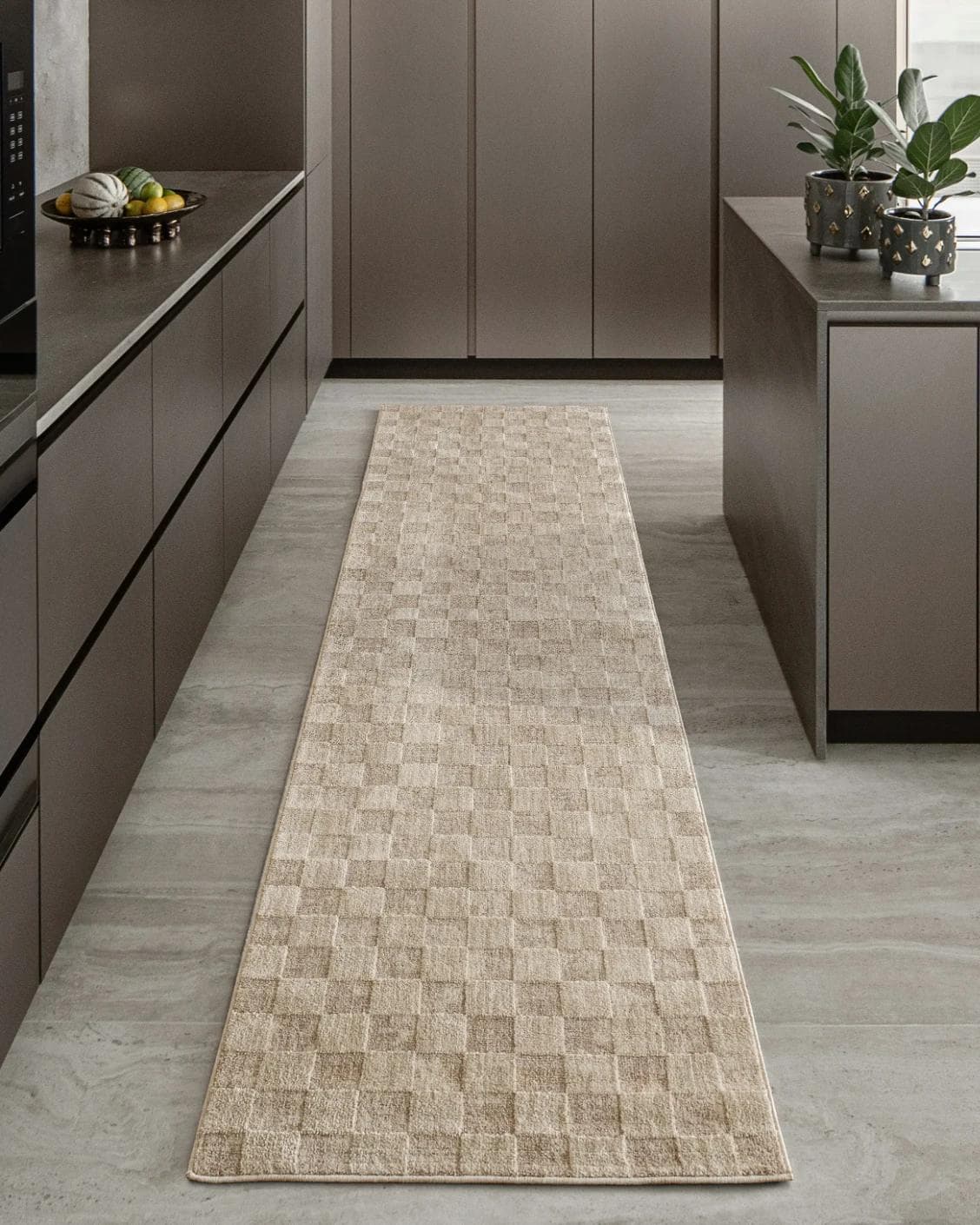 Cindy Dune Runners carpet in taupe and beige, shown in a lifestyle front view