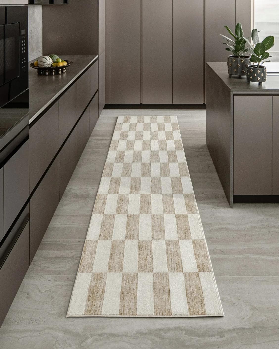 Cindy Tan Runners carpet in taupe and beige, shown in a lifestyle front view