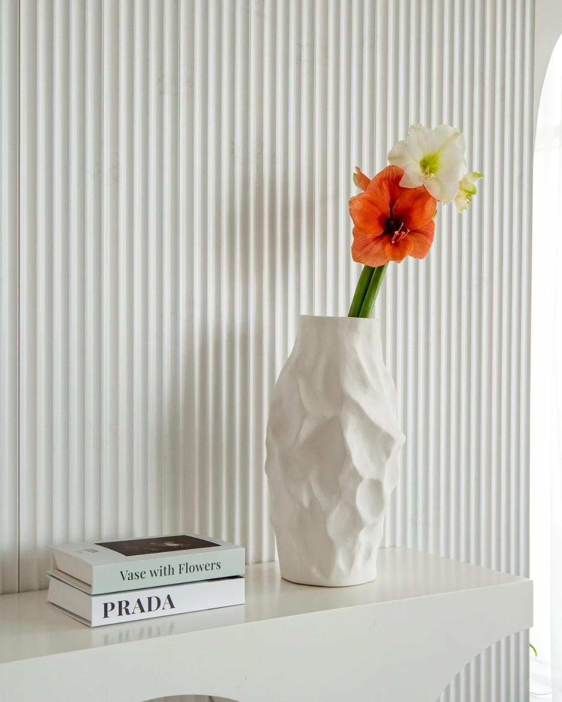 Cora Arneson vases in white, shown in a lifestyle left view as image 5