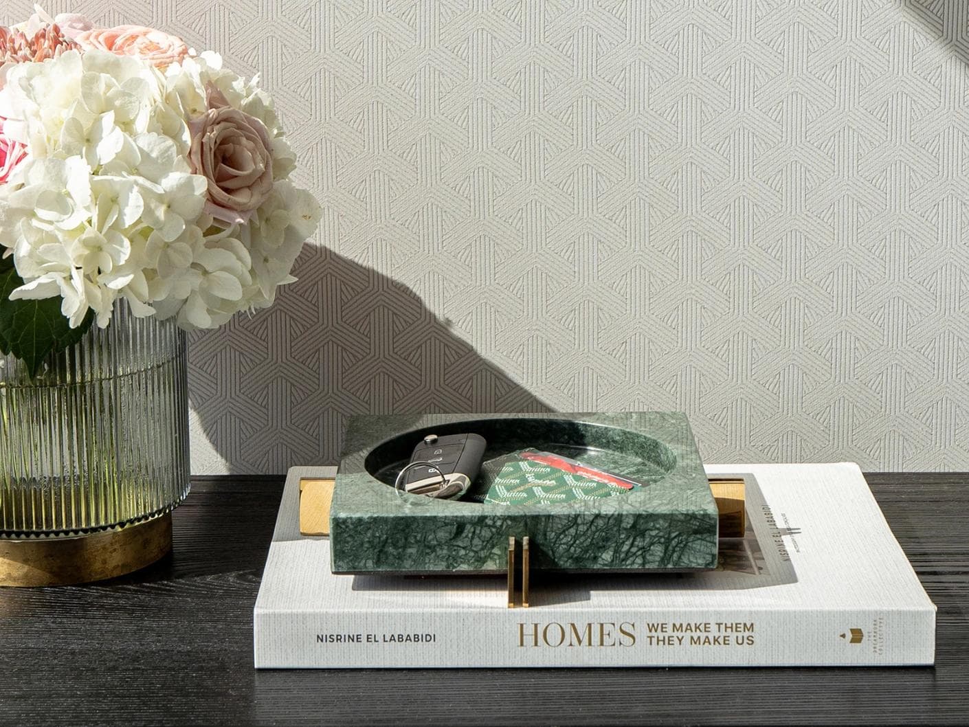 Dennis Bandiagara II trays in green and gold, shown in a lifestyle front view as image 5
