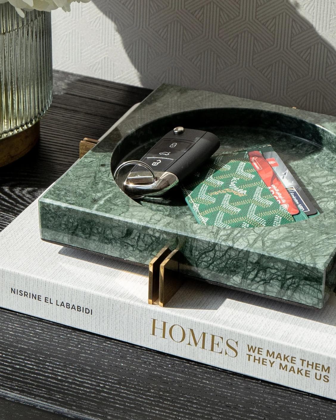 Dennis Bandiagara II trays in green and gold, shown in a lifestyle left view as image 6