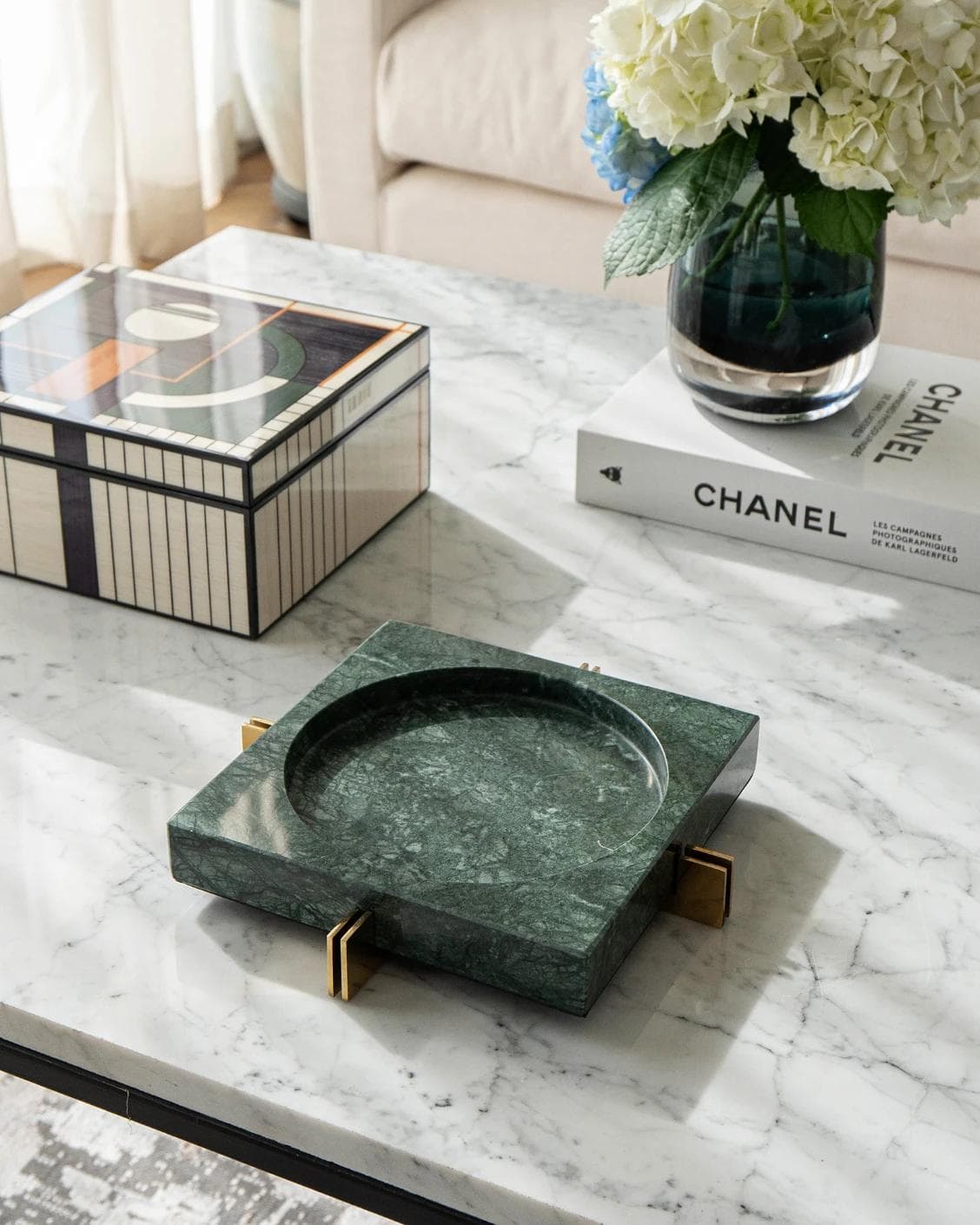 Dennis Bandiagara II trays in green and gold, shown in a lifestyle top view as image 2