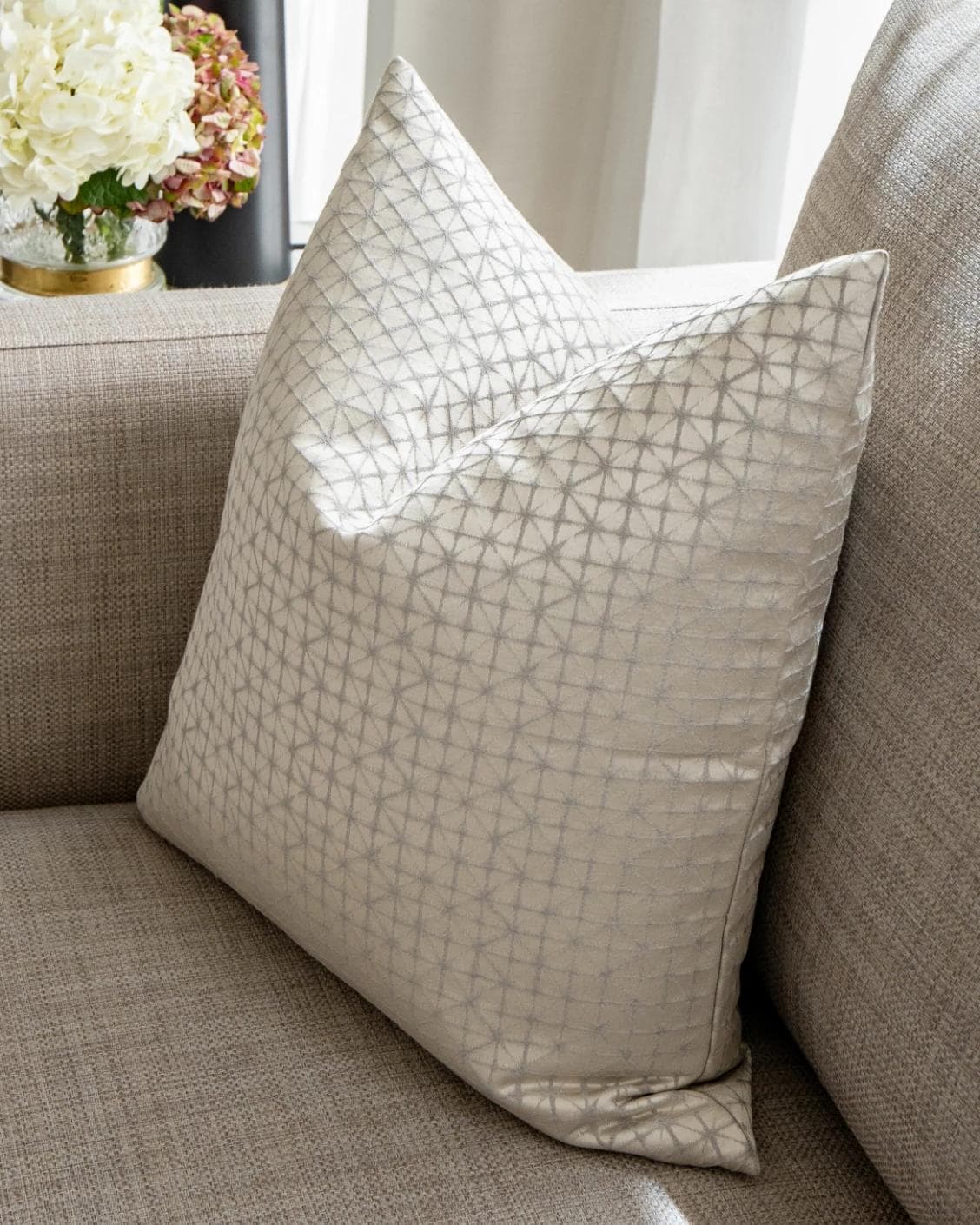 Elmas Klimt cushion in silver and white, shown in a lifestyle right view as image 8