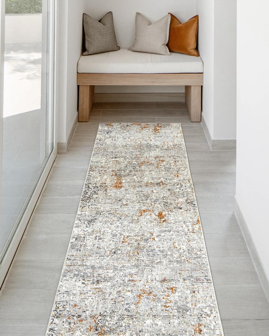 Ethan Brick Runners carpet in gold and grey, shown in a lifestyle front view