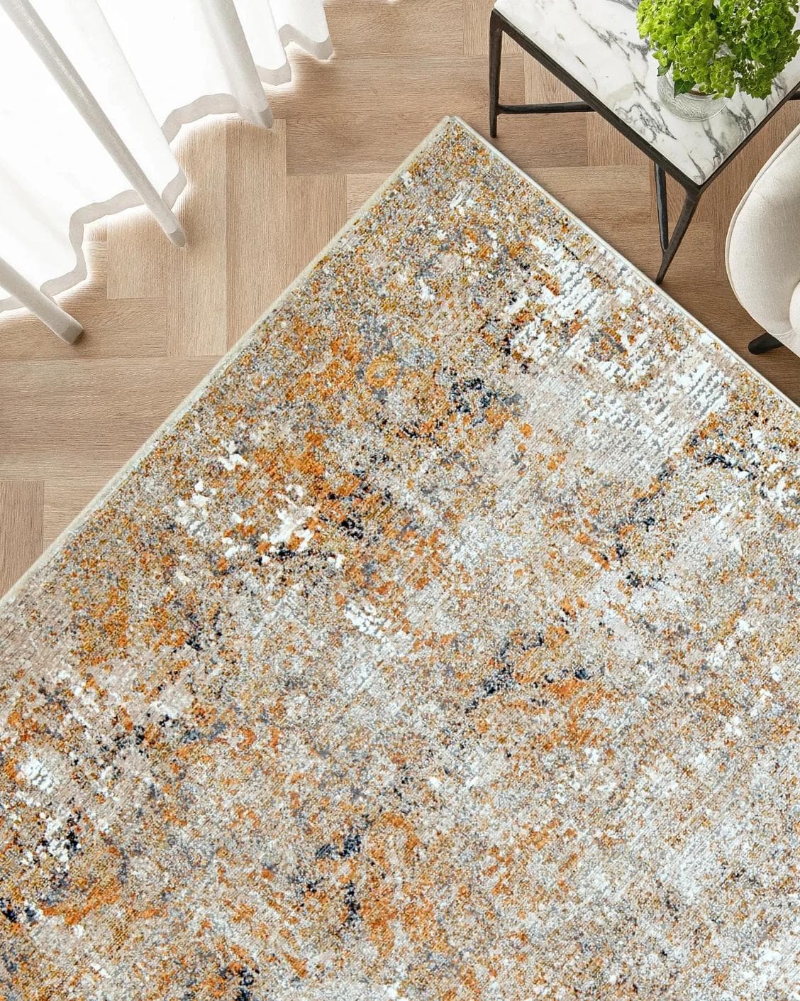 Ethan Goldberg carpet in rust, grey and gold, shown in a product top view as image 2