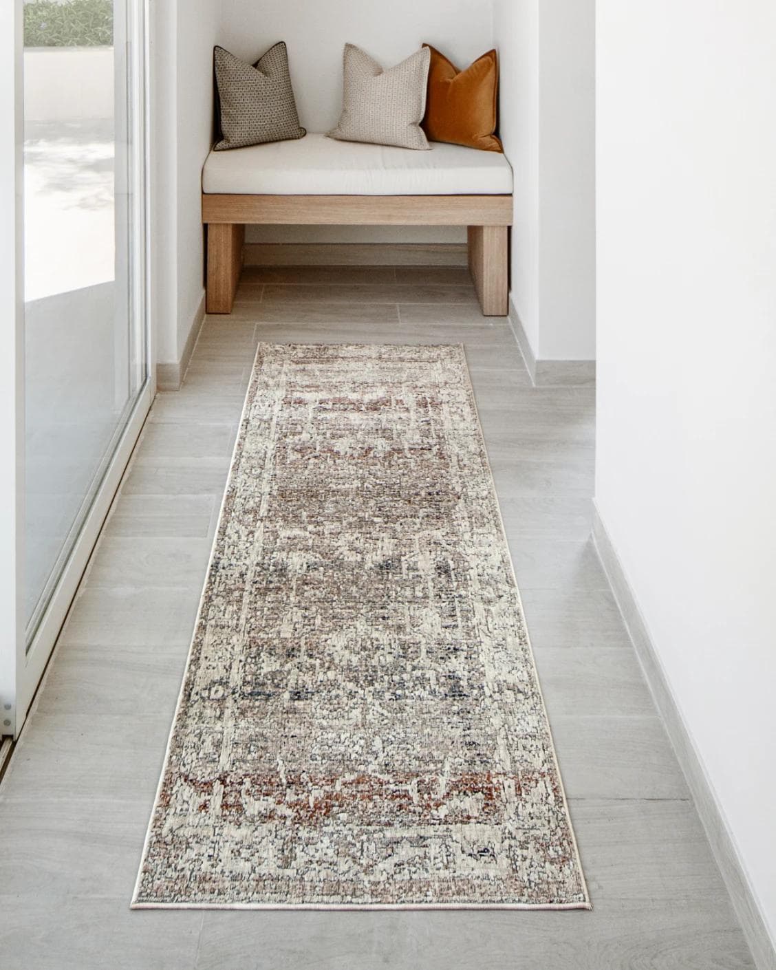 Ethan Martin Runners carpet in beige and grey, shown in a lifestyle front view