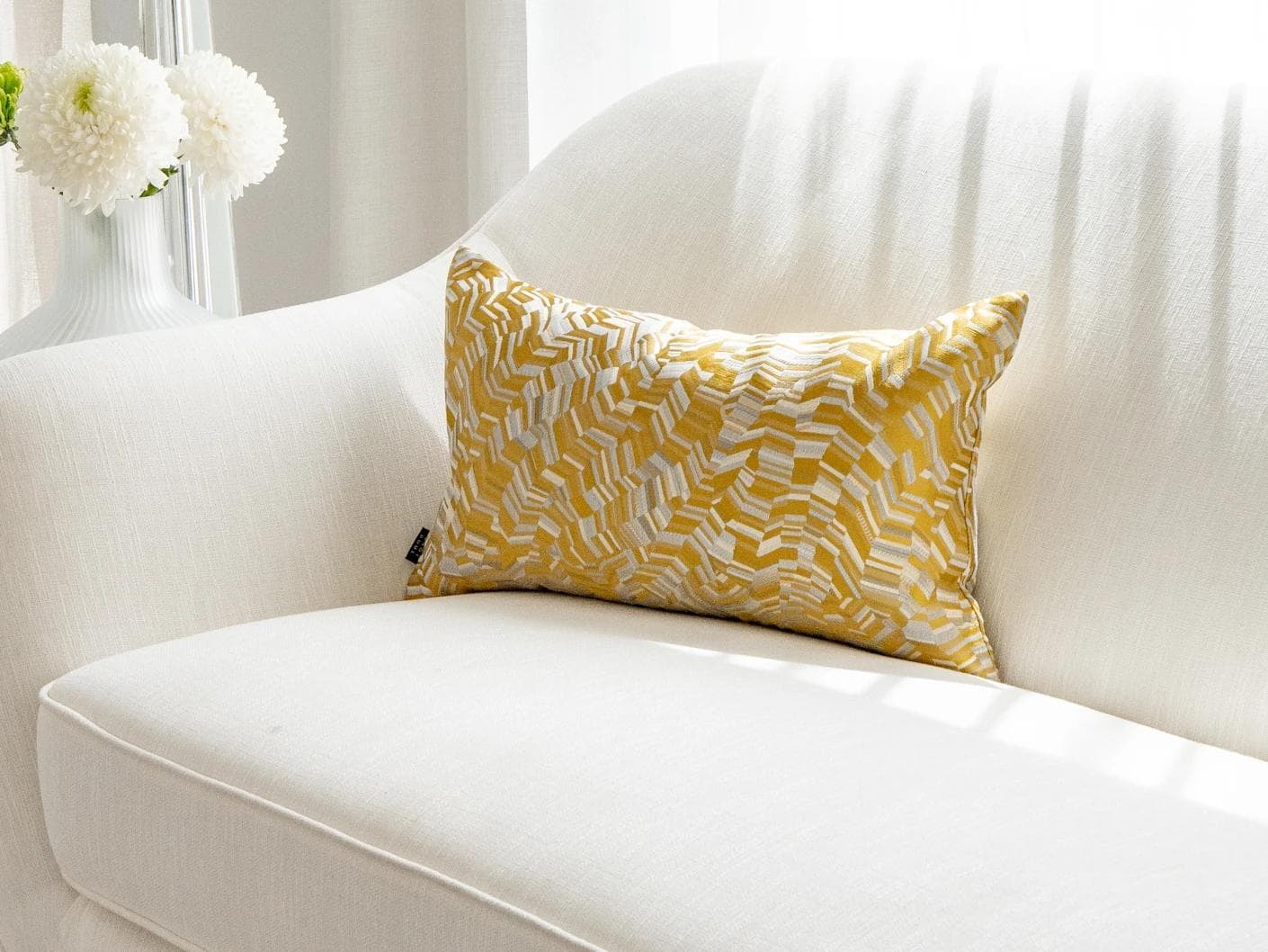 Faye Klimt cushion in yellow and multicolour, shown in a lifestyle front view as image 2