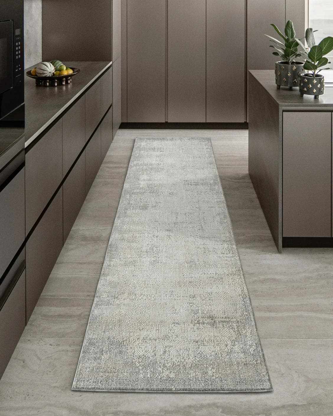 Finley Dune Runners carpet in grey, shown in a lifestyle front view