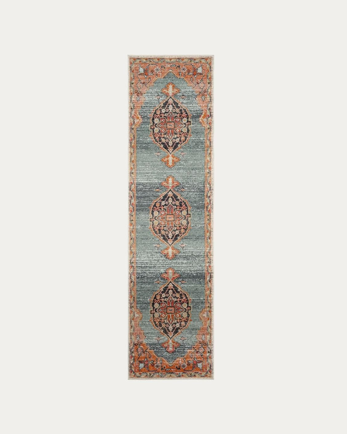 Frank Tiger carpets in blue, orange and multicolour, shown in a product top view as image 1