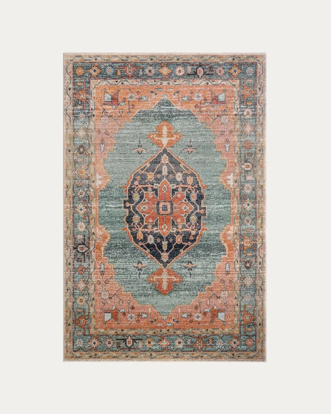 Frank Tiger carpets in blue, orange and multicolour, shown in a product top view as image 1