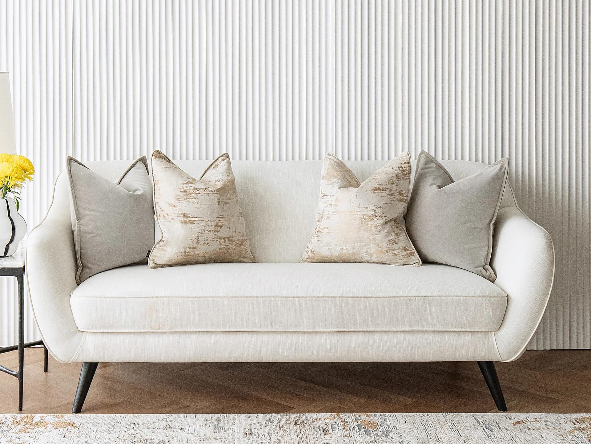Goldea Bundle cushion in grey, yellow and silver, shown in a lifestyle front view as image 8