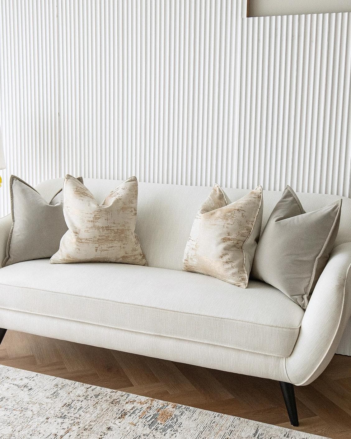Goldea Bundle cushion in grey, yellow and silver, shown in a lifestyle right view as image 2