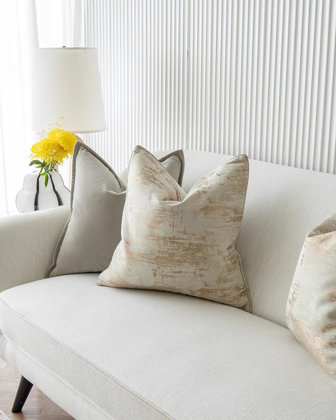 Goldea Bundle cushion in grey, yellow and silver, shown in a lifestyle right view as image 10