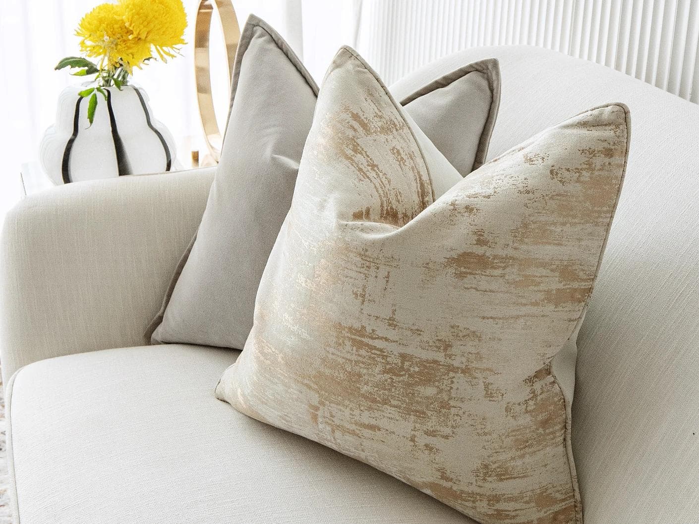 Goldea Bundle cushion in grey, yellow and silver, shown in a lifestyle right view as image 11