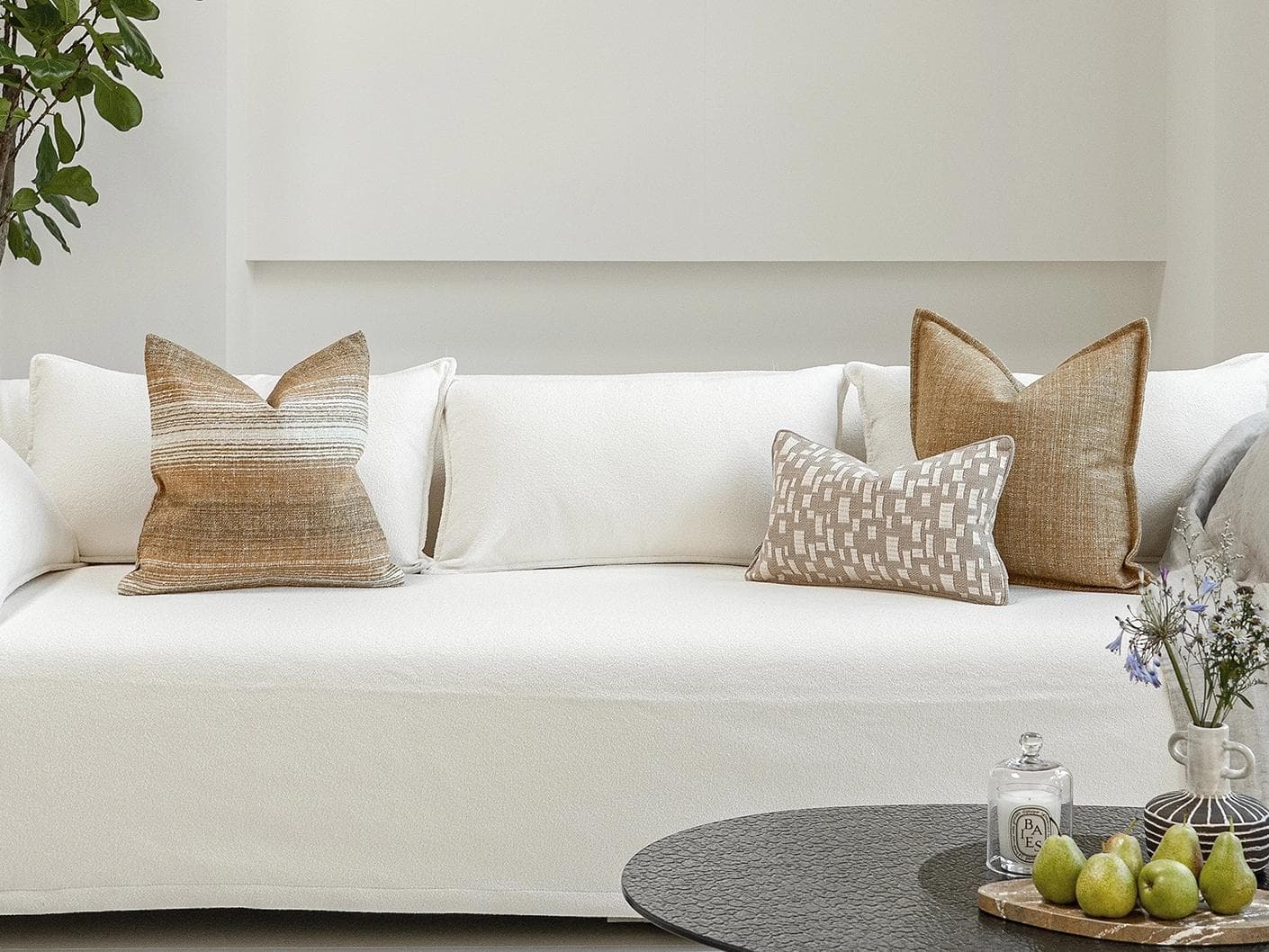 Hash Bundle cushion in beige and yellow, shown in a lifestyle front view as image 4
