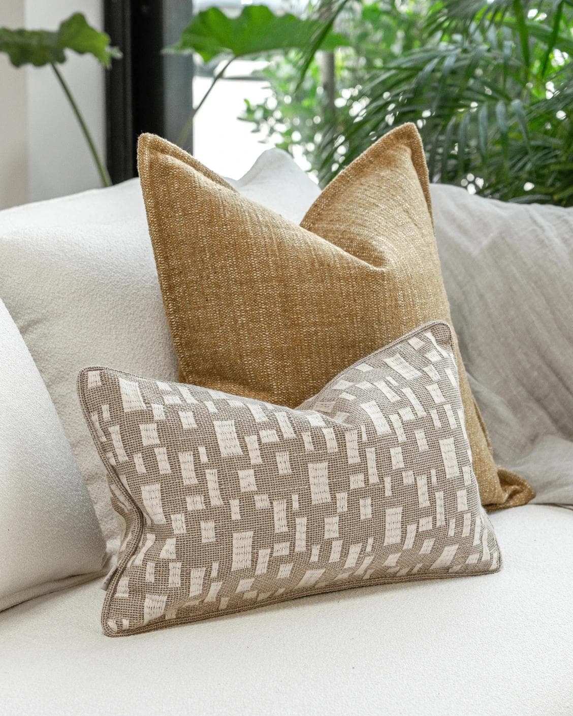 Hash Bundle cushion in beige and yellow, shown in a lifestyle left view as image 5
