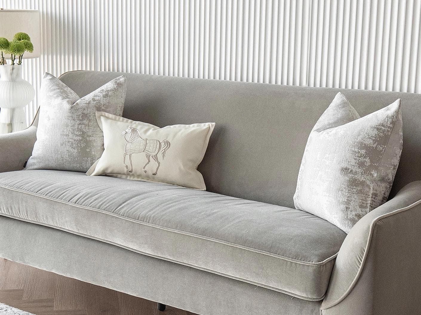 Klaus Bundle cushion in silver, grey and white, shown in a lifestyle right view as image 2