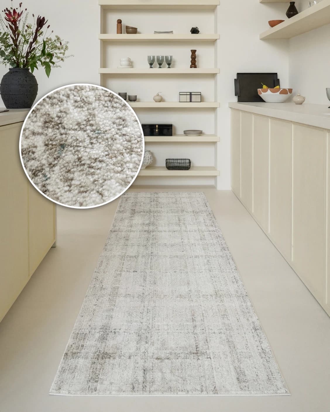Ada Ivory Runners carpet in taupe, shown in a lifestyle front view