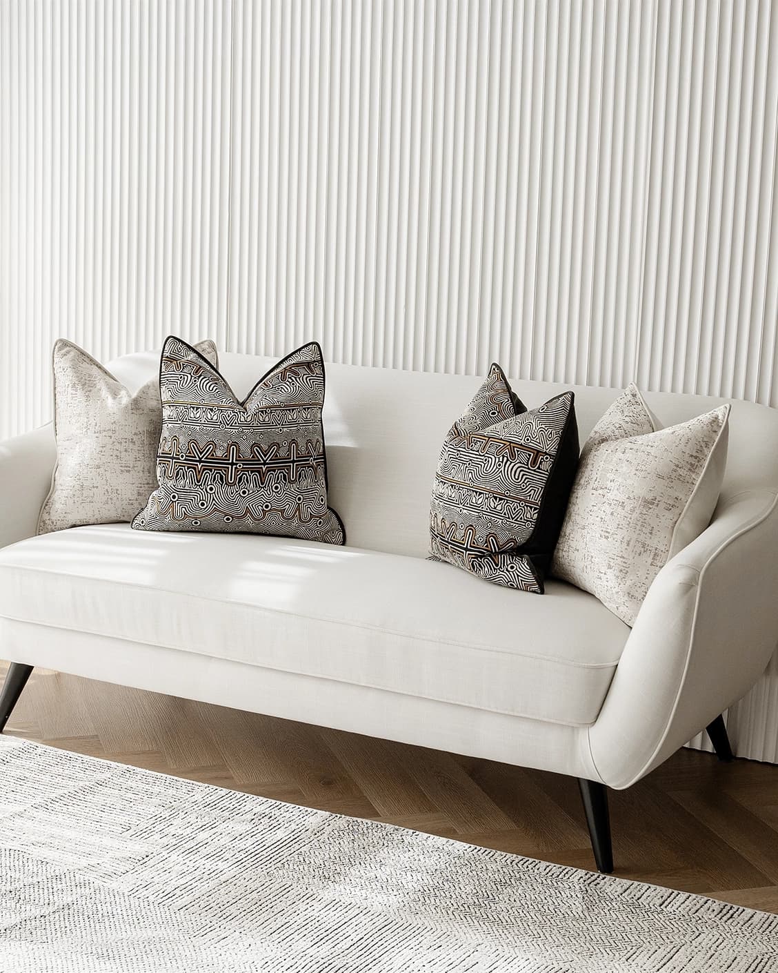 Adonis Bundle cushion in white, black and silver, shown in a lifestyle right view as image 2