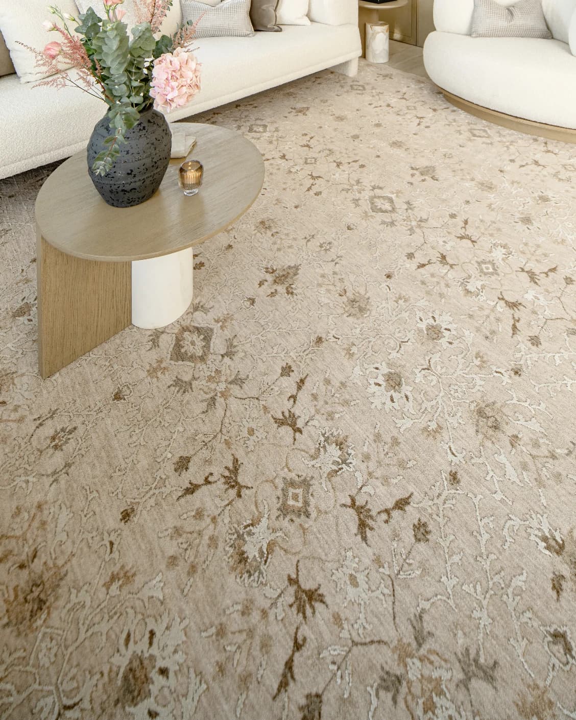 Albert Terra carpet in beige and brown, shown in a lifestyle close-up top view as image 4