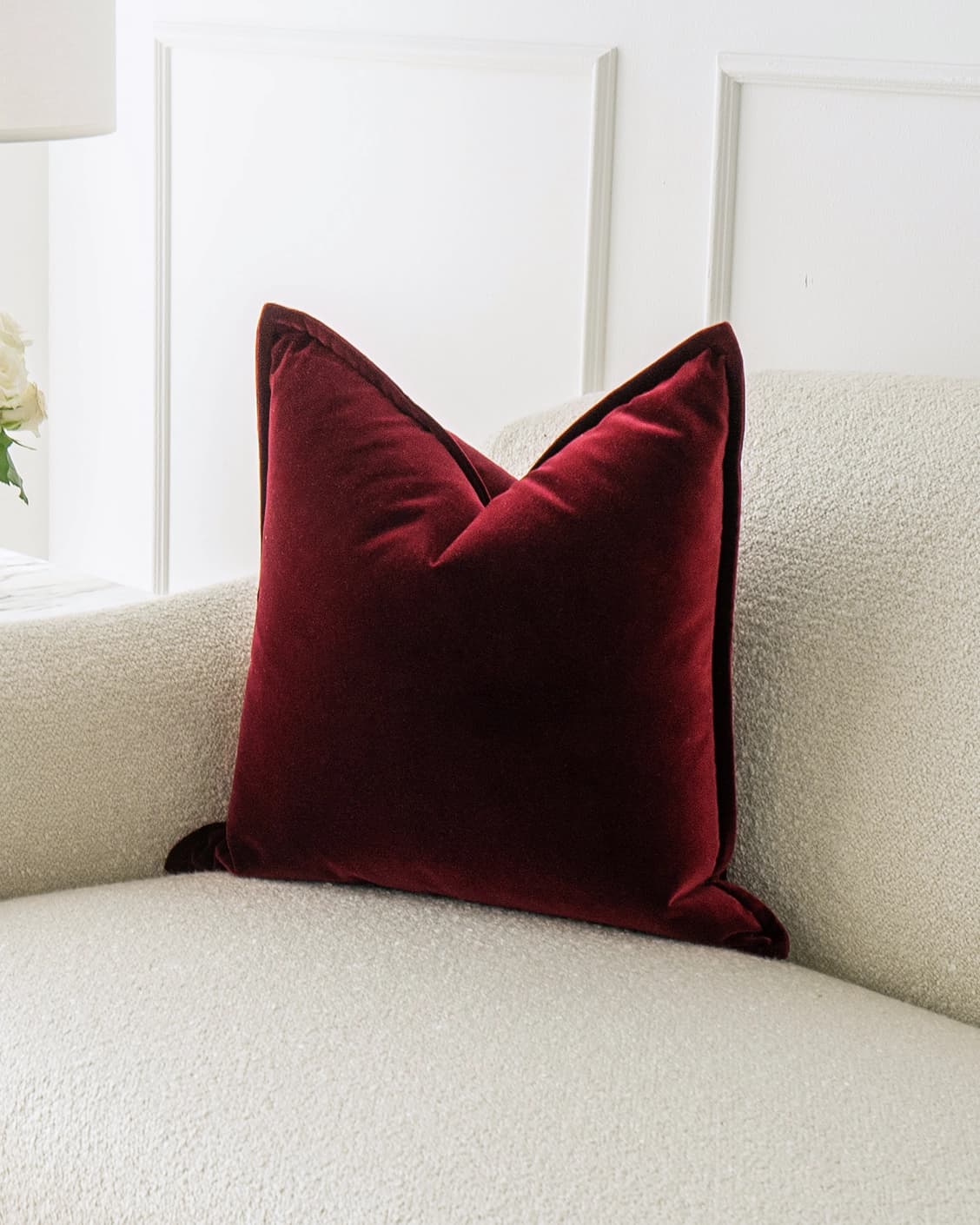 Alessandra Scarlet cushion in red, shown in a lifestyle right view as image 2