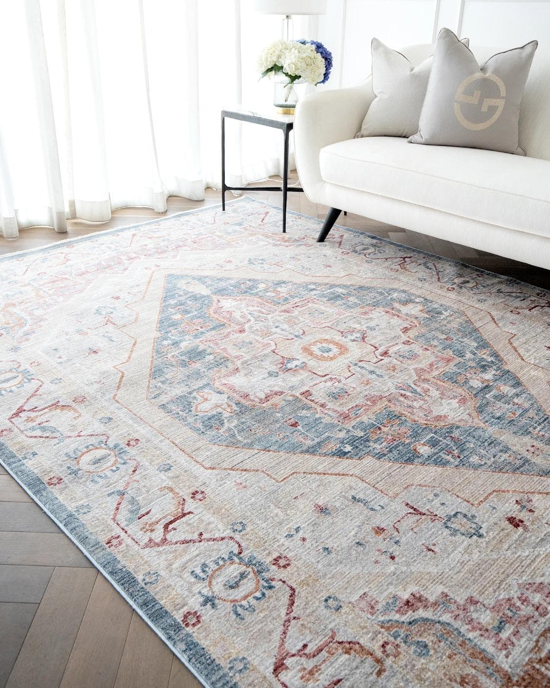 Alexander Rouge Runners carpet in beige, blue and red, shown in a lifestyle right view as image 5
