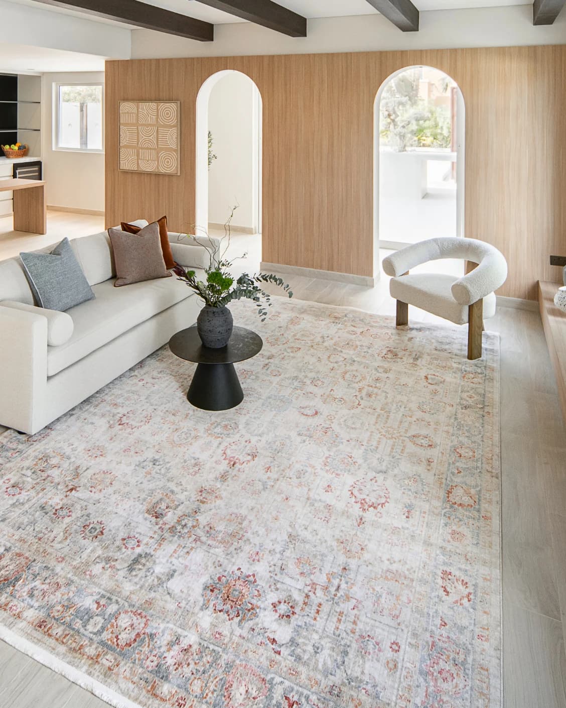 Alexander Sandy carpet in beige and red, shown in a lifestyle left view as image 7
