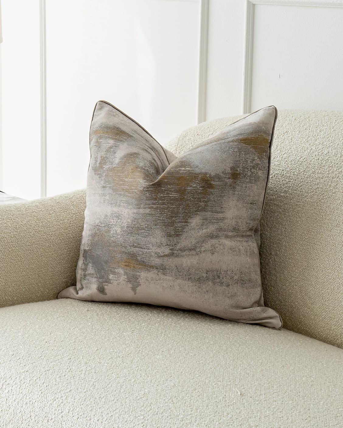 Alma Klimt cushion in yellow and silver, shown in a lifestyle front view as image 2