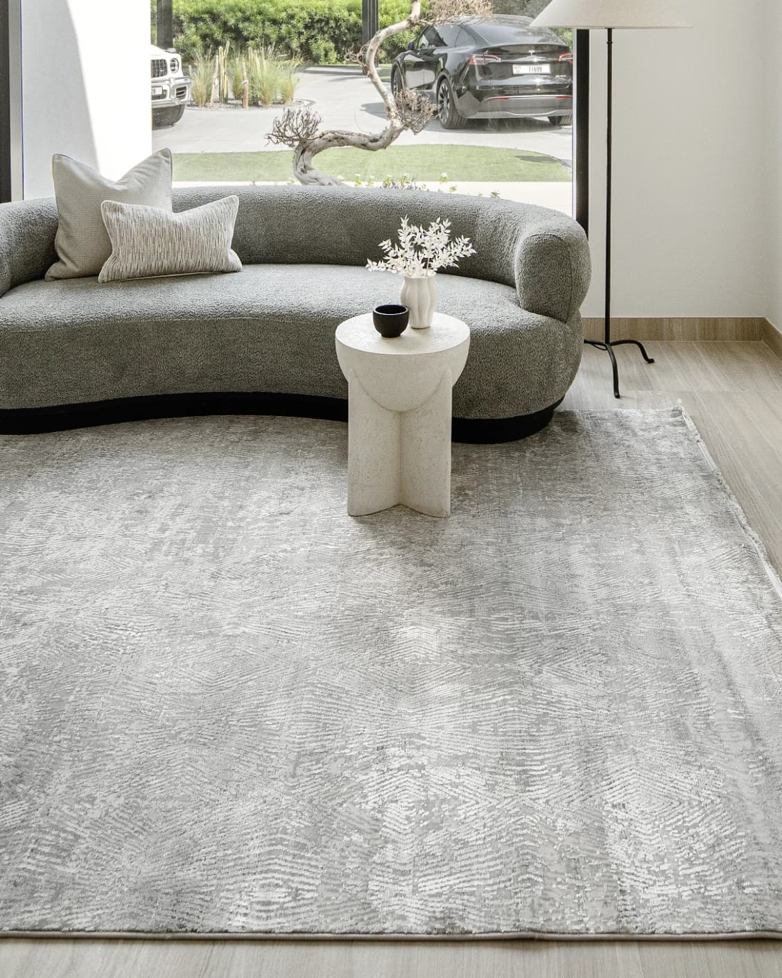 Athena Ashton carpet in grey and off white, shown in a lifestyle front view as image 4