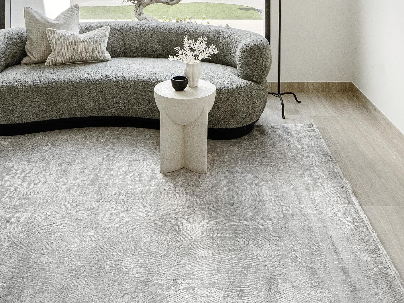 Athena Ashton carpets in grey and off white, shown in a lifestyle front view as image 3