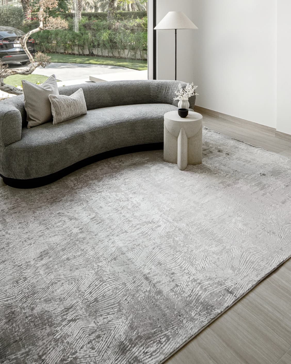 Athena Ashton carpet in grey and off white, shown in a lifestyle left view as image 5
