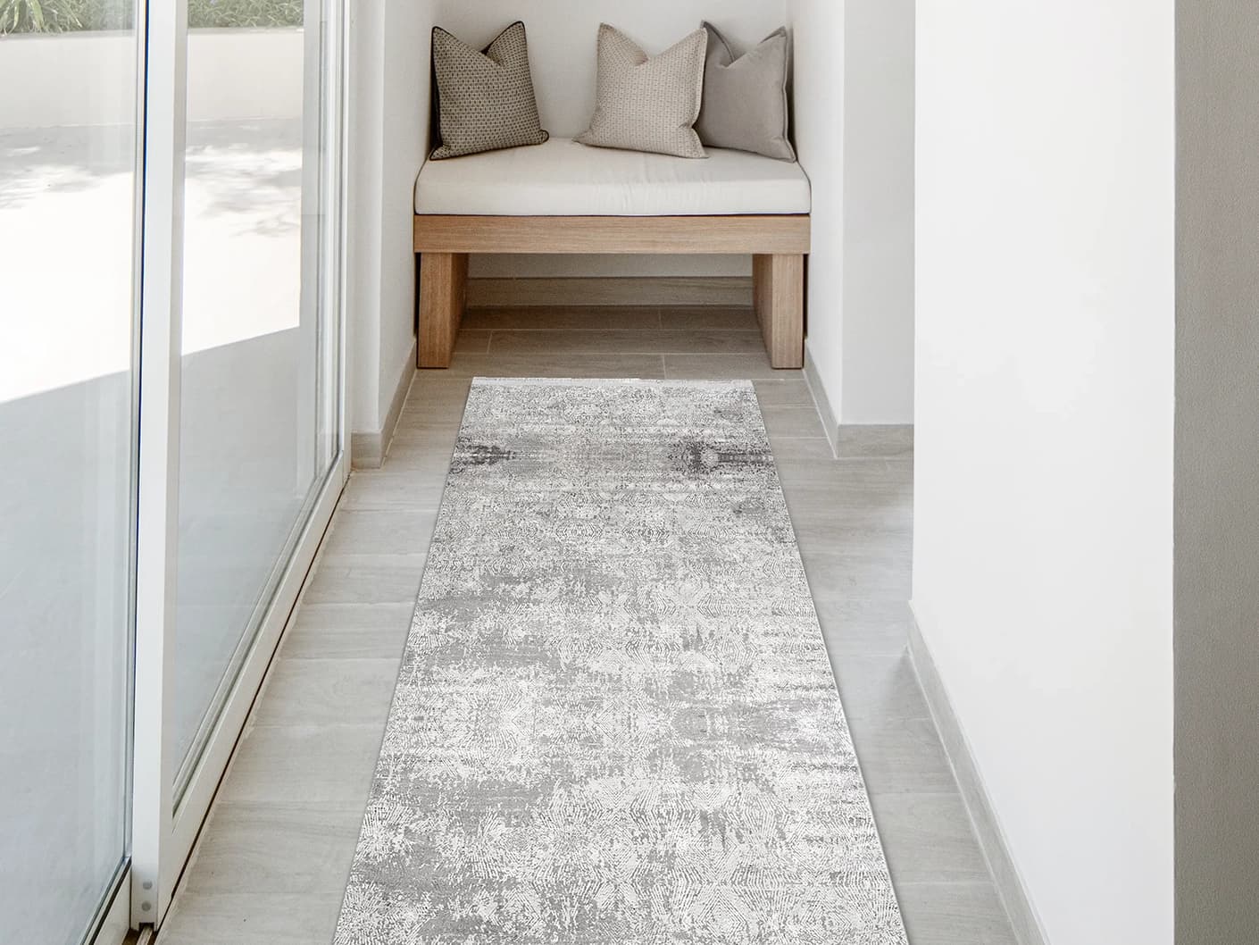Athena Ashton Runners carpet in grey and off white, shown in a product front view