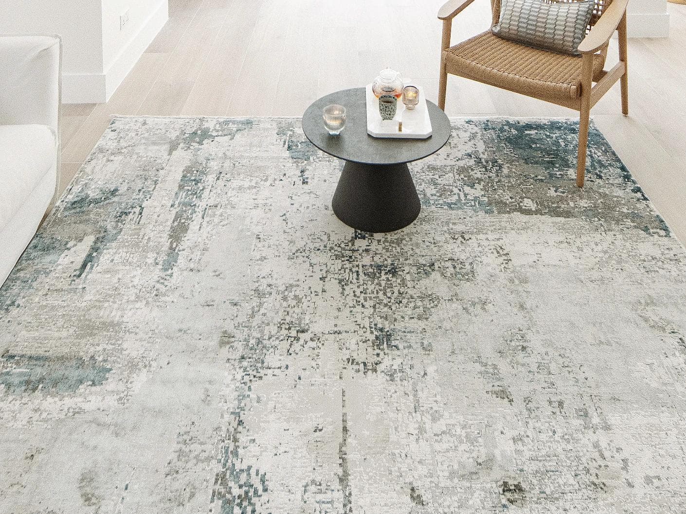 Athena Sky carpets in blue and grey, shown in a lifestyle close-up top view as image 2