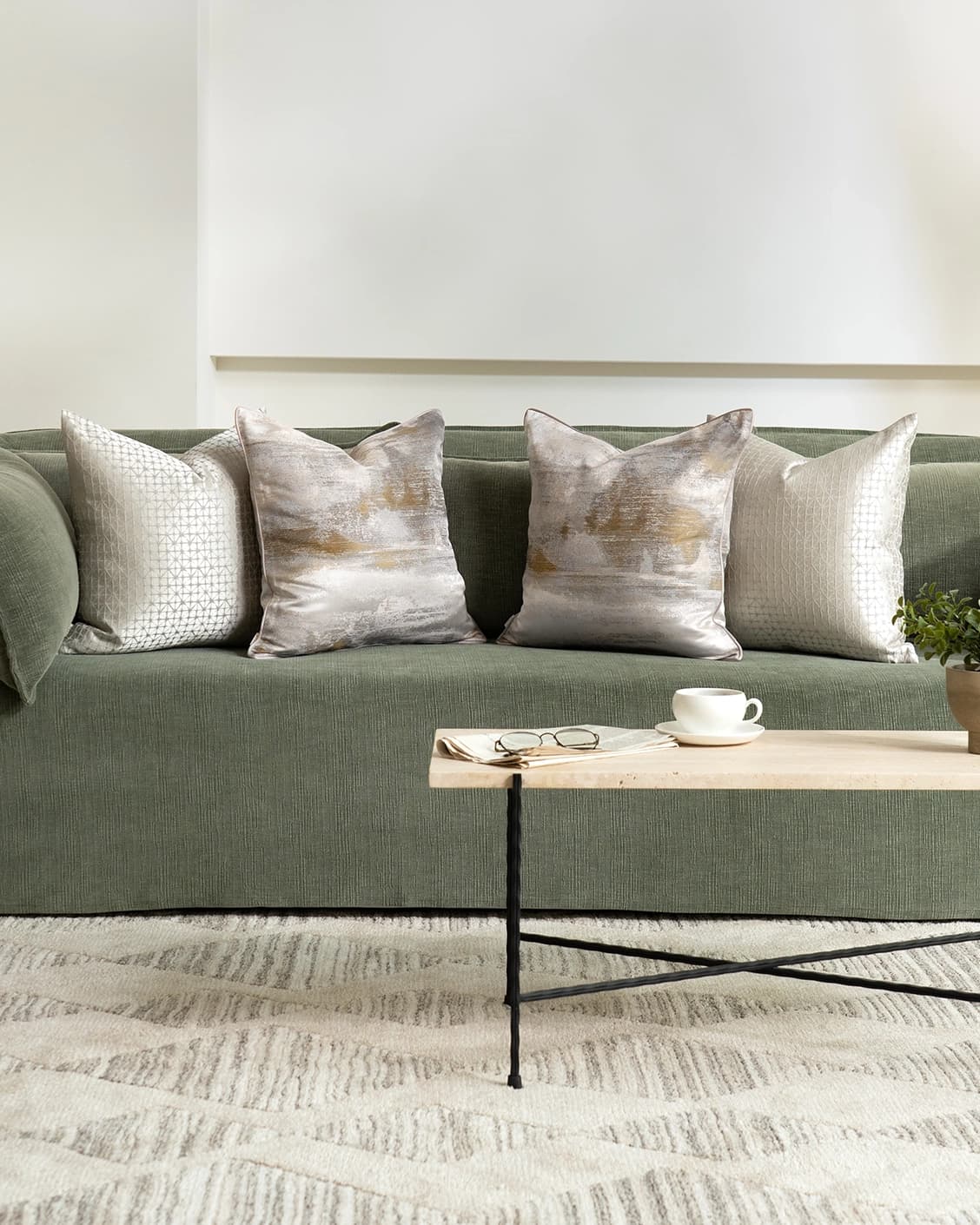 Aurelia Bundle cushion in yellow, silver and white, shown in a lifestyle front view as image 4