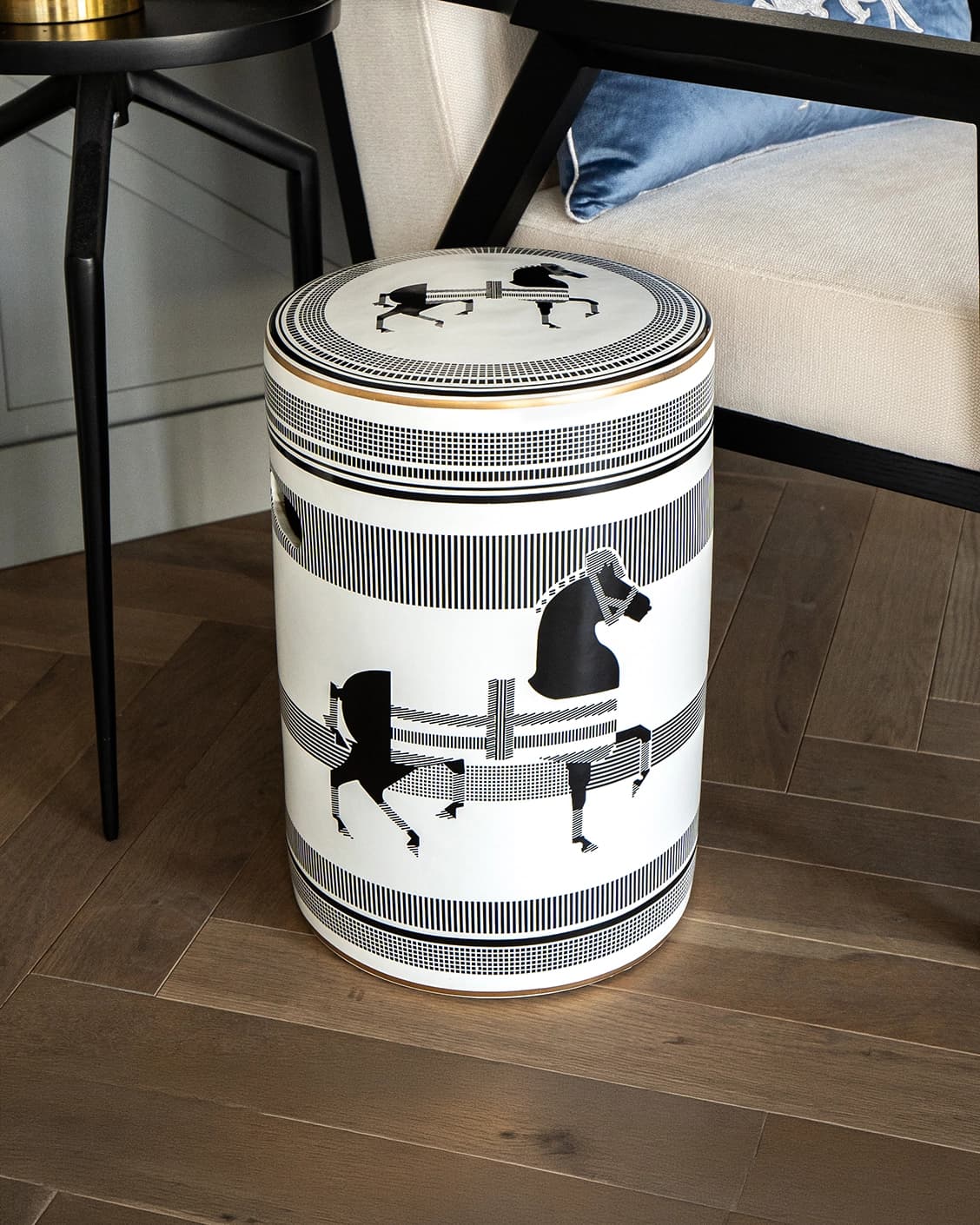 Aurora Jacobsen stools in white and black, shown in a lifestyle top view as image 2
